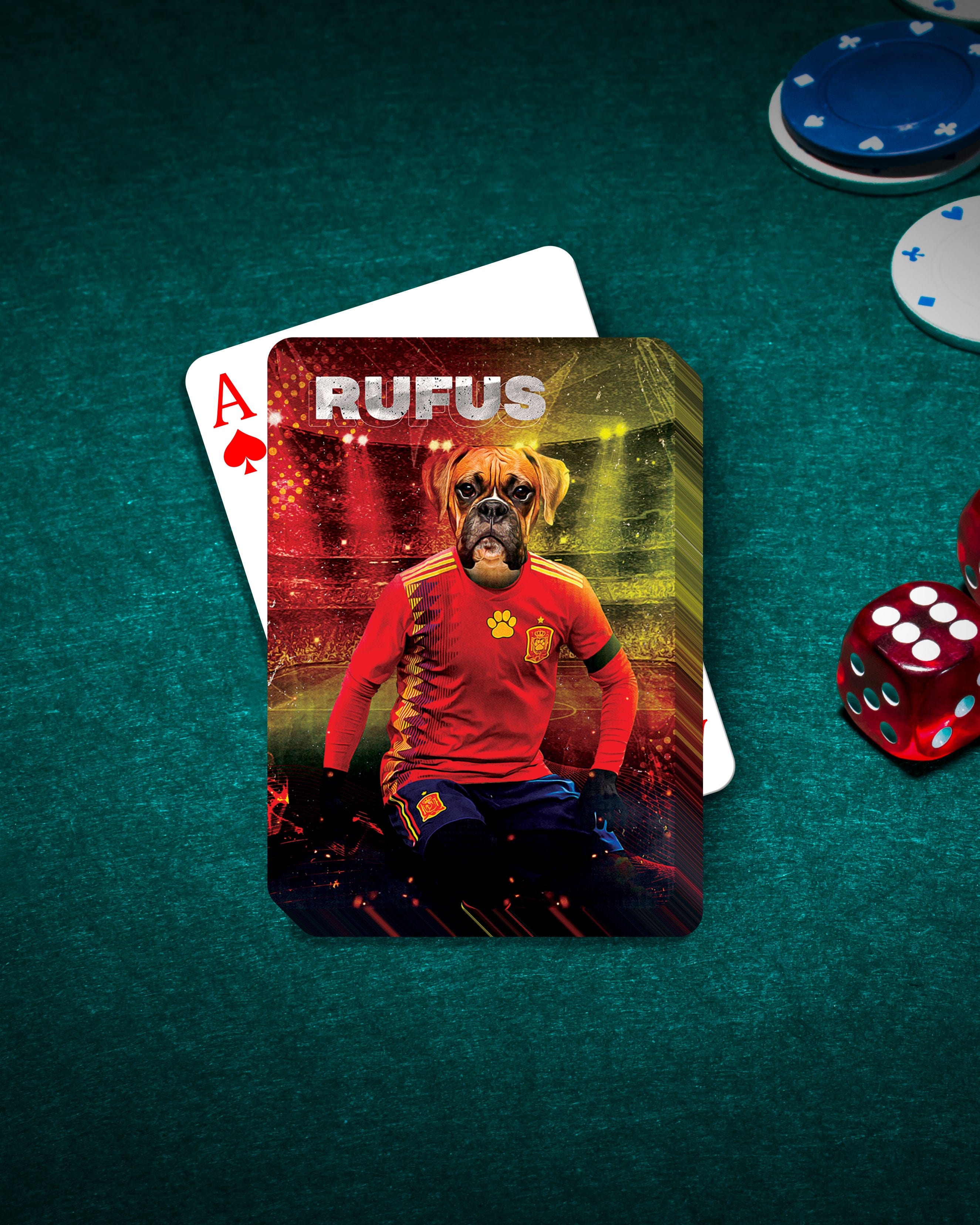 Personalized playing card featuring a boxer dog in a Spain soccer uniform, named Rufus.