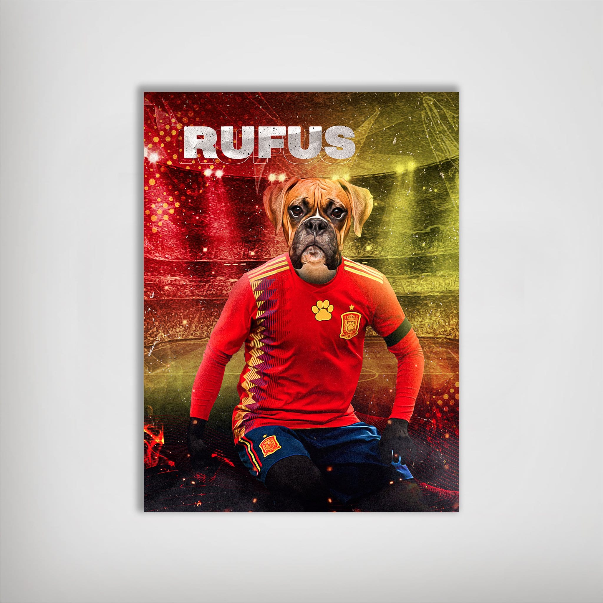 Personalized pet poster featuring a boxer dog in a red Spain soccer uniform with "RUFUS" above.
