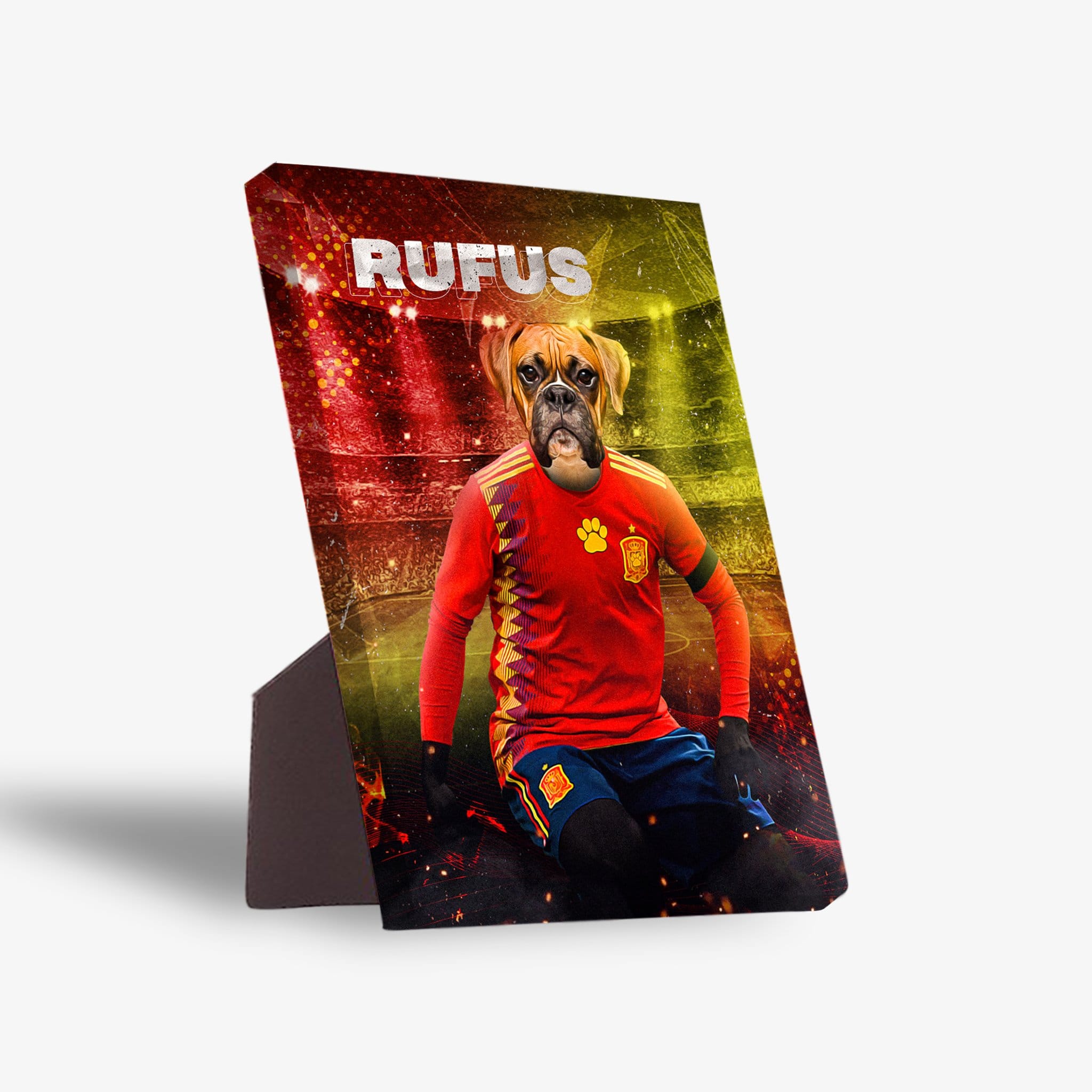 Personalized pet standing canvas featuring a boxer dog in a red Spain soccer jersey, with "RUFUS" above.