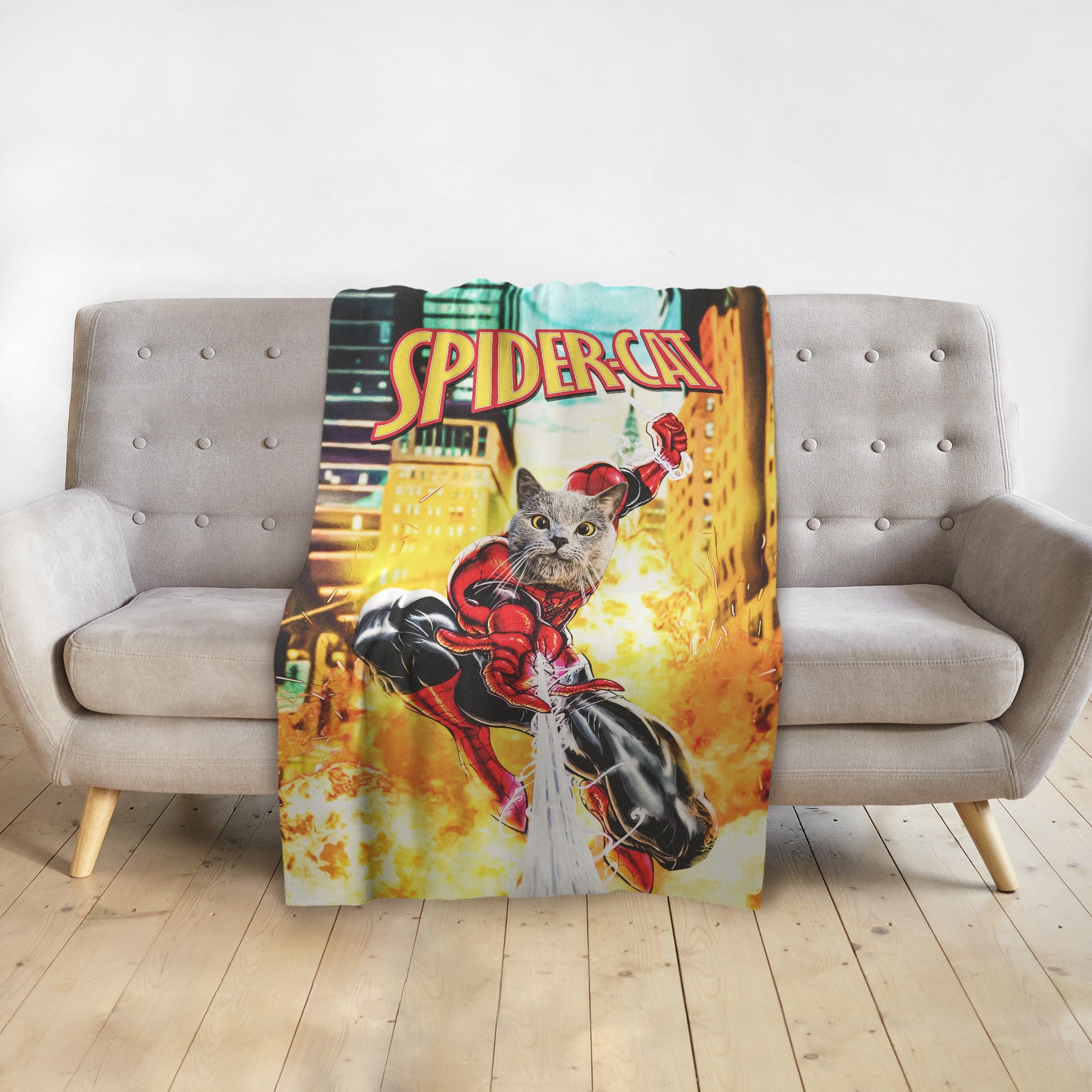 Personalized SpiderCat pet blanket featuring a grey cat in a red superhero suit, cityscape background.