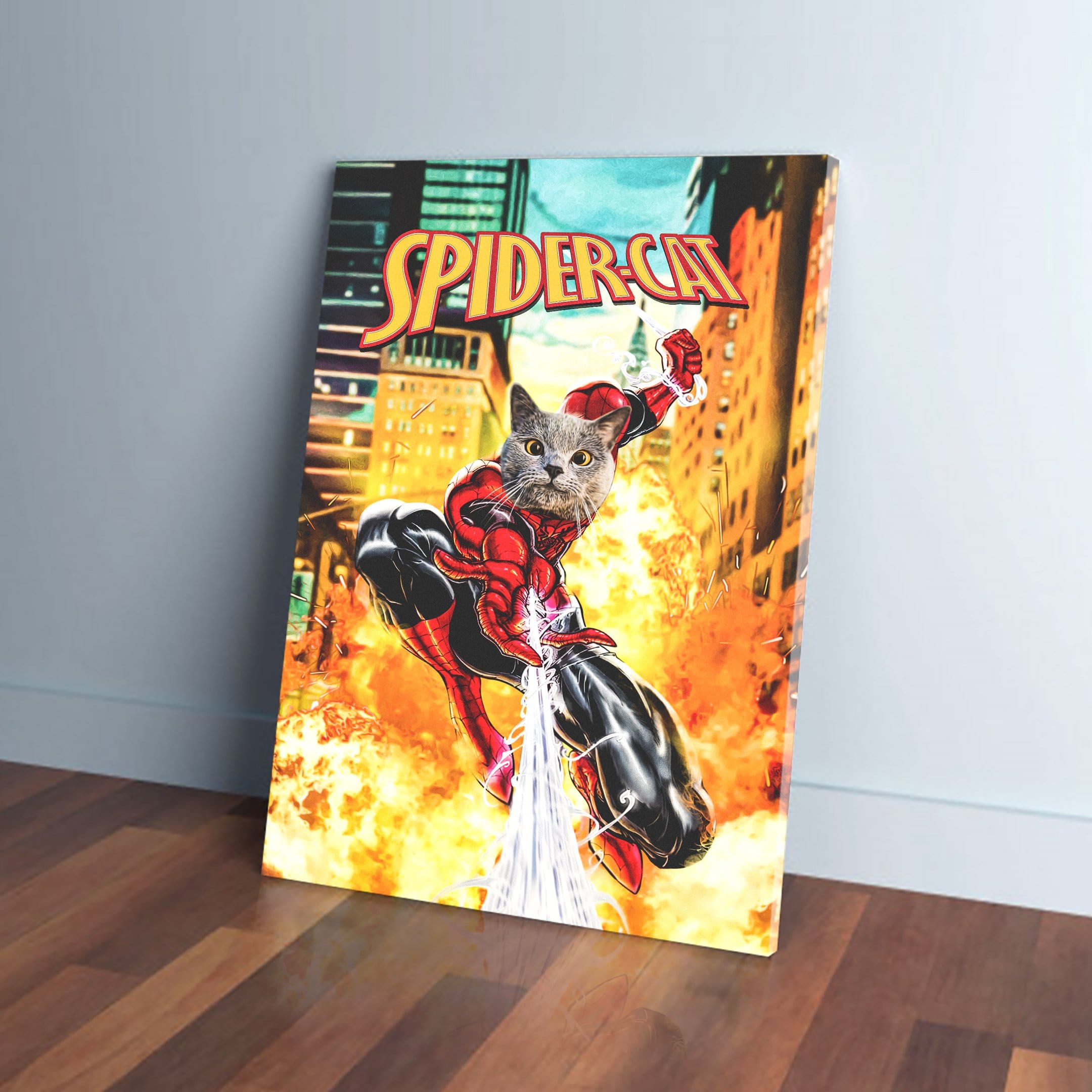 Personalized 'SpiderCat' pet canvas featuring a gray cat in a red and black superhero suit, leaping with web fluid.