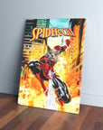 Personalized 'SpiderCat' pet canvas featuring a gray cat in a red and black superhero suit, leaping with web fluid.