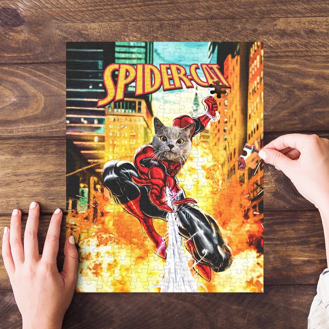 Personalized 'SpiderCat' pet puzzle featuring a gray cat's face on a superhero body, being assembled on wood.