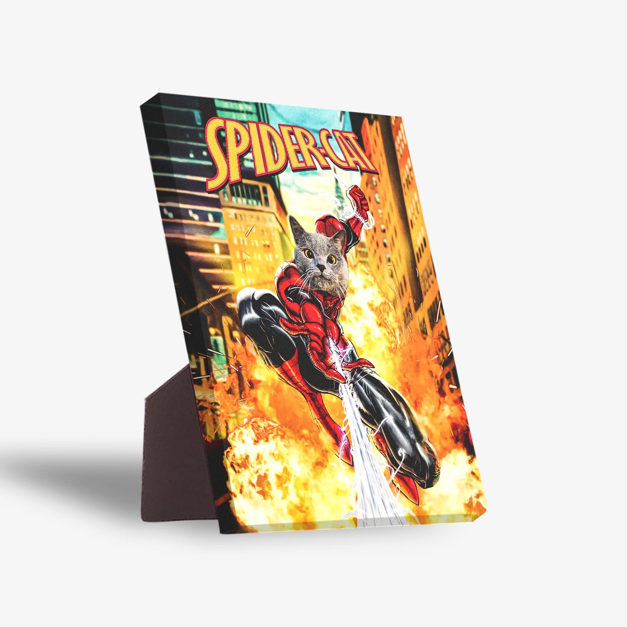 Personalized 'SpiderCat' standing canvas featuring a cat's face on a superhero body, with a city background and flames.