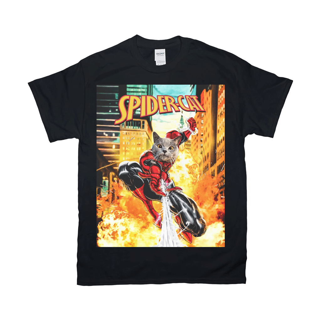 Black Gildan t-shirt with a "Spider-Cat" comic book design featuring a cat in a Spider-Man suit.