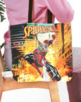 Personalized SpiderCat tote bag featuring a custom cat portrait in a comic book style.