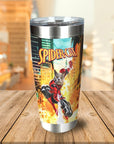 Personalized stainless steel tumbler with a custom "SpiderCat" portrait of a cat in a superhero suit.