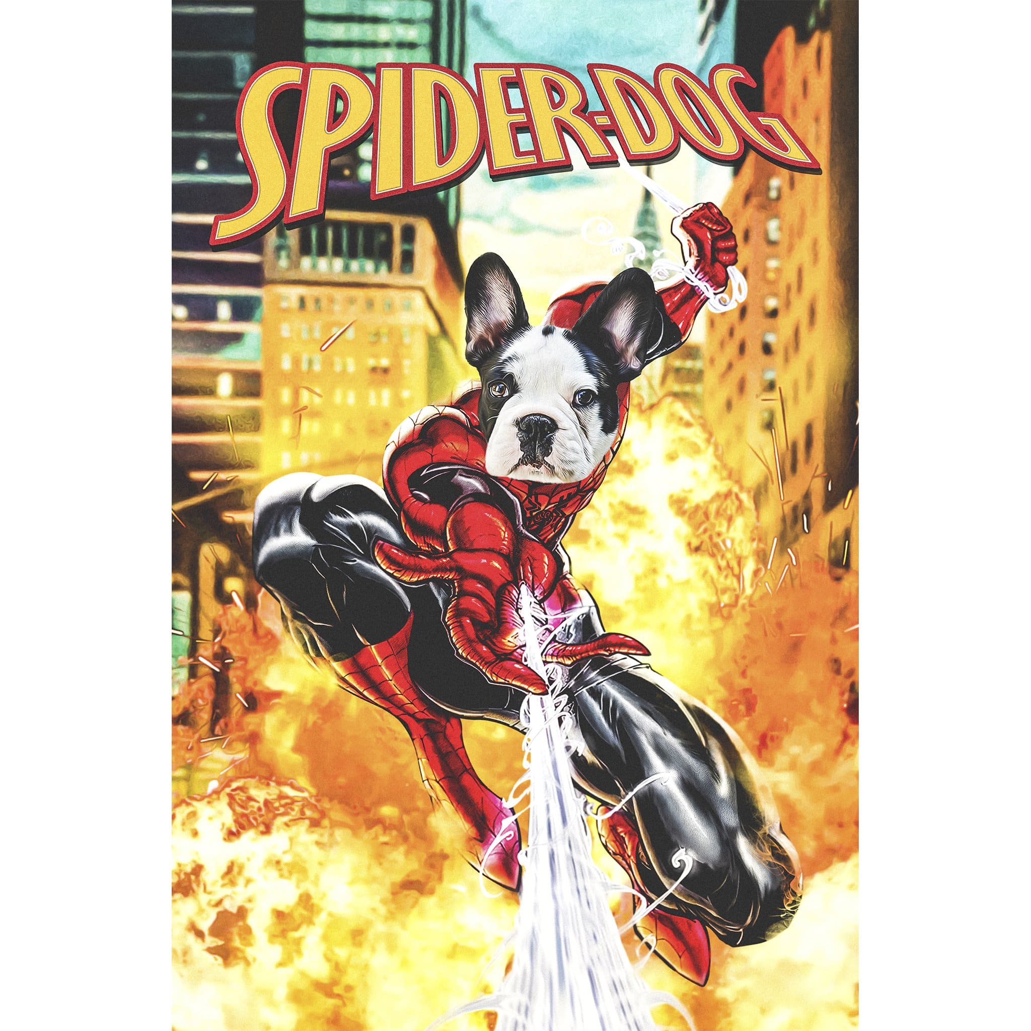 Custom SpiderDog digital portrait featuring a French Bulldog in a red and blue superhero suit.