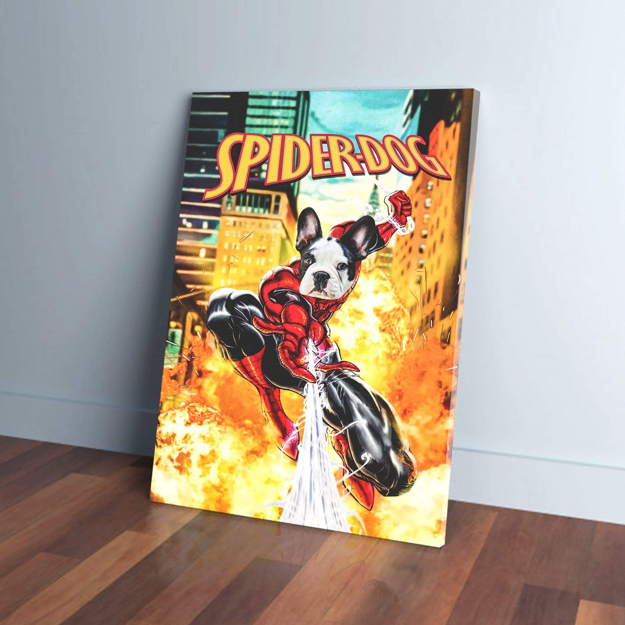 Custom 'SpiderPaw' canvas featuring a French Bulldog as Spider-Dog, with city background and fiery effects.