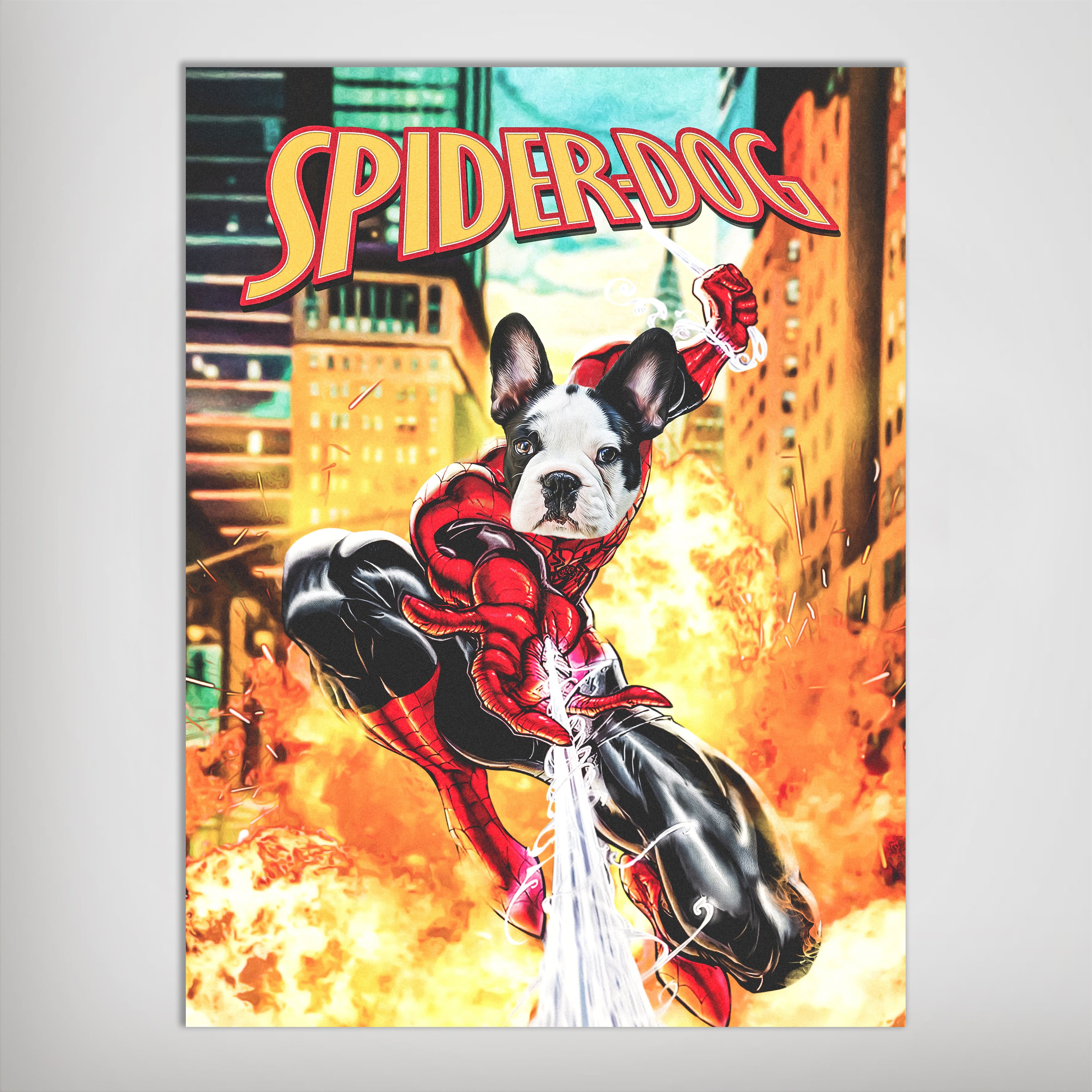 Personalized Spider-Dog poster featuring a Boston Terrier's face on a Spider-Man body, swinging through a city with flames.