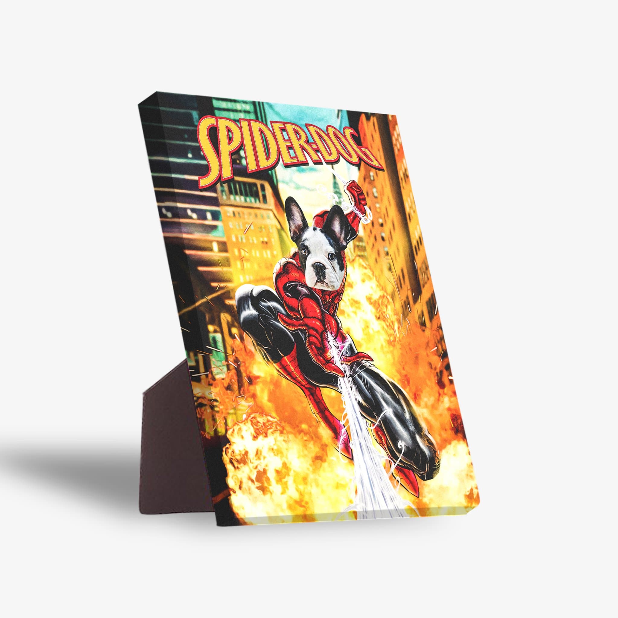 Personalized 'SpiderPaw' standing canvas featuring a Boston Terrier in a Spider-Man suit, with a built-in stand.