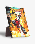 Personalized 'SpiderPaw' standing canvas featuring a Boston Terrier in a Spider-Man suit, with a built-in stand.