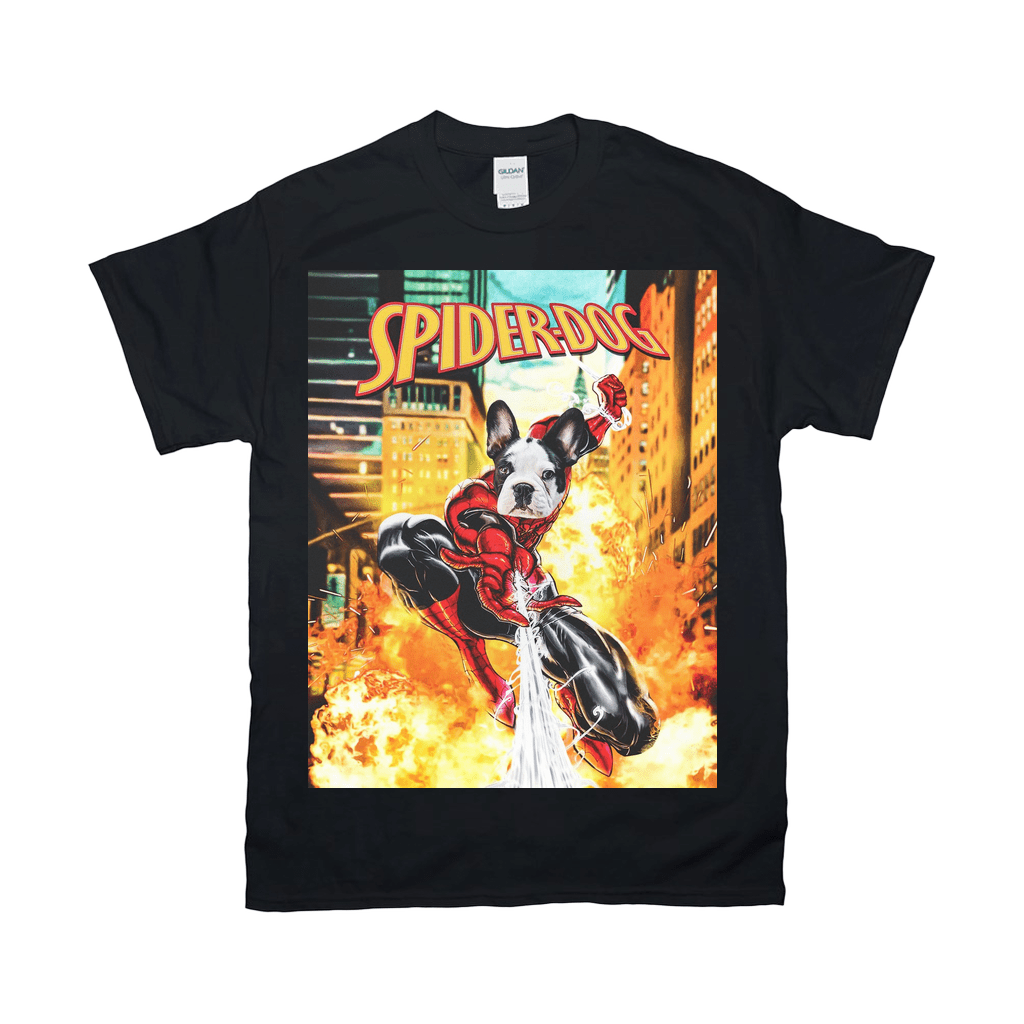 Black Gildan t-shirt featuring a personalized "SpiderDog" design with a French Bulldog in a Spider-Man suit.