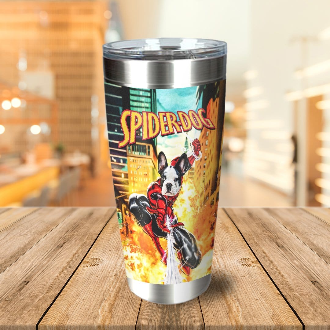 Personalized stainless steel tumbler with a custom cartoon portrait of a French Bulldog as "SpiderDog".