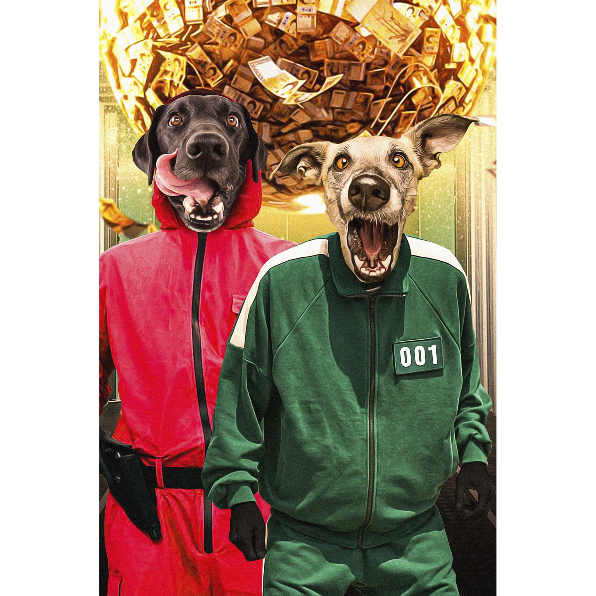 Personalized digital portrait of two pets in red and green Squid Game costumes with money tunnel.