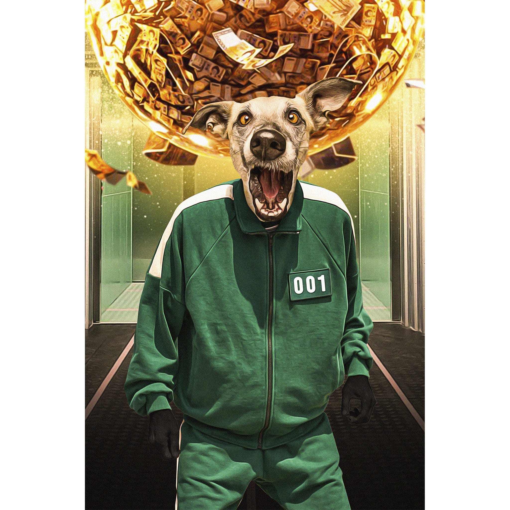 Personalized digital portrait of a dog in a green tracksuit with a money sphere.