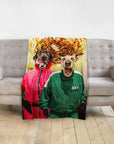 Personalized pet portrait blanket featuring two dogs in Squid Game costumes, draped over a gray couch.