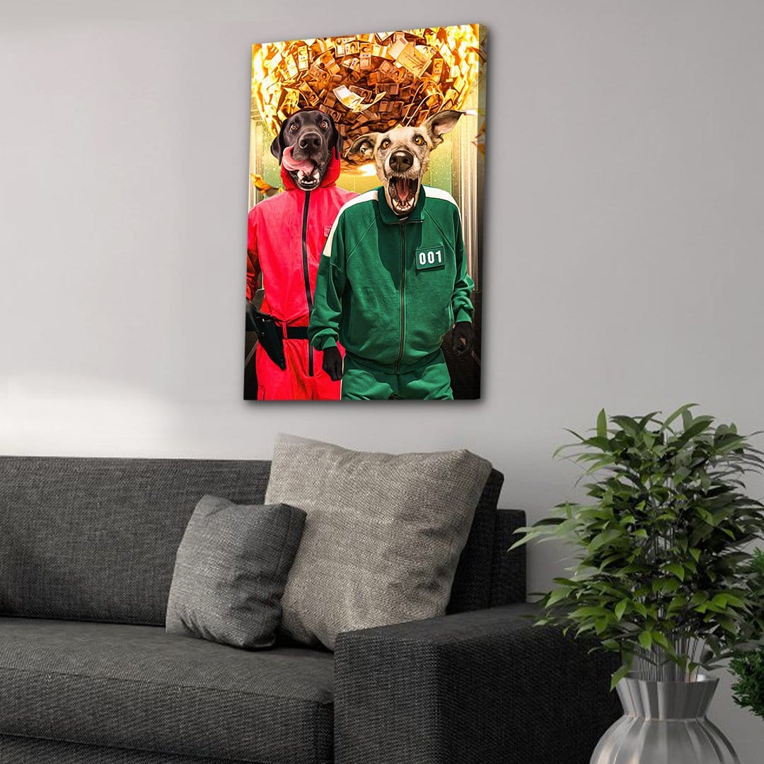 Custom 'Squid Paws' canvas featuring two pets in red and green tracksuits, hanging above a gray sofa.
