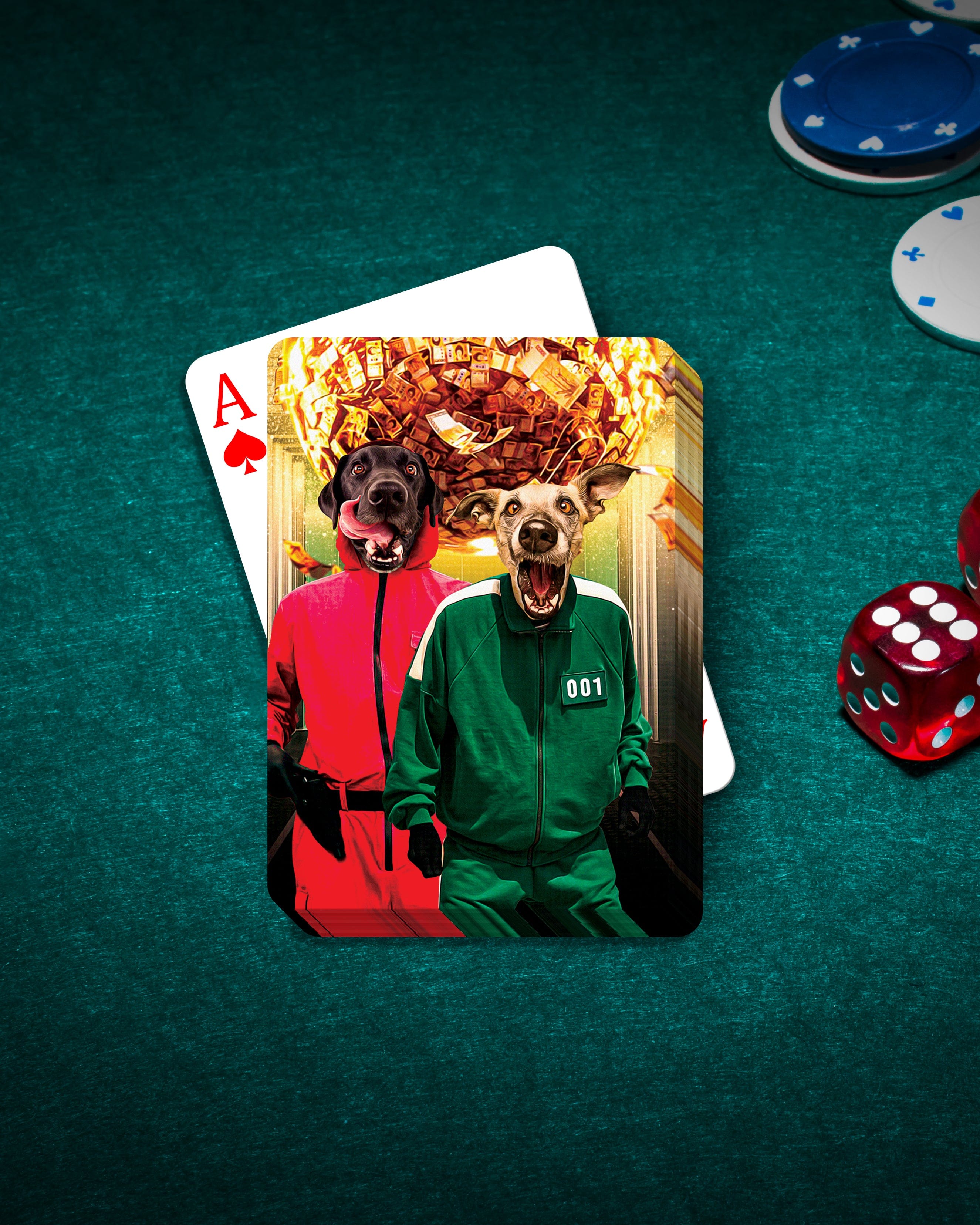 Personalized playing cards featuring two custom pet portraits in Squid Game costumes on a green felt table.