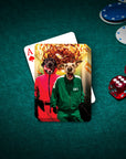 Personalized playing cards featuring two custom pet portraits in Squid Game costumes on a green felt table.