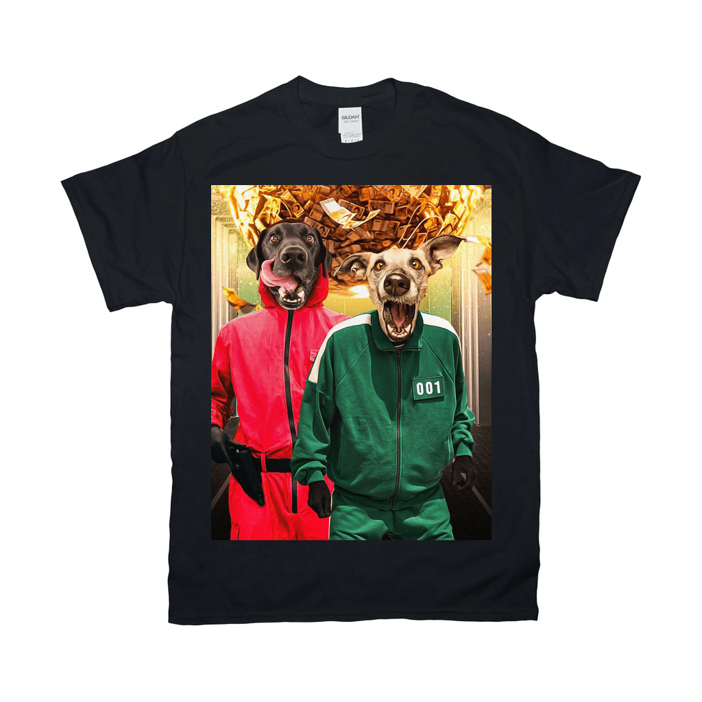Black Gildan t-shirt featuring two pets in "Squid Game" costumes, a black dog in red and a white dog in green.