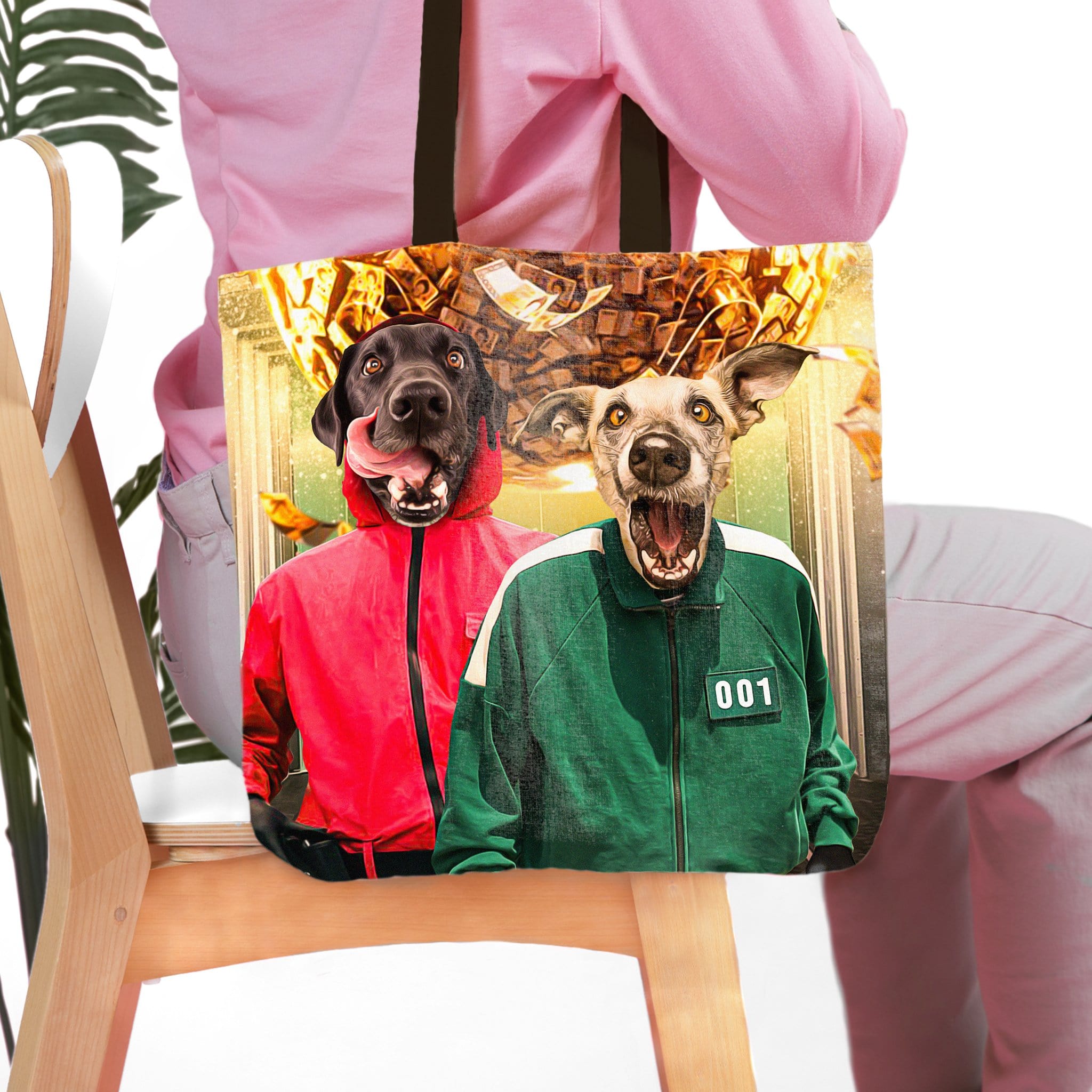 Personalized 2 pet tote bag with dogs in red and green Squid Game outfits.