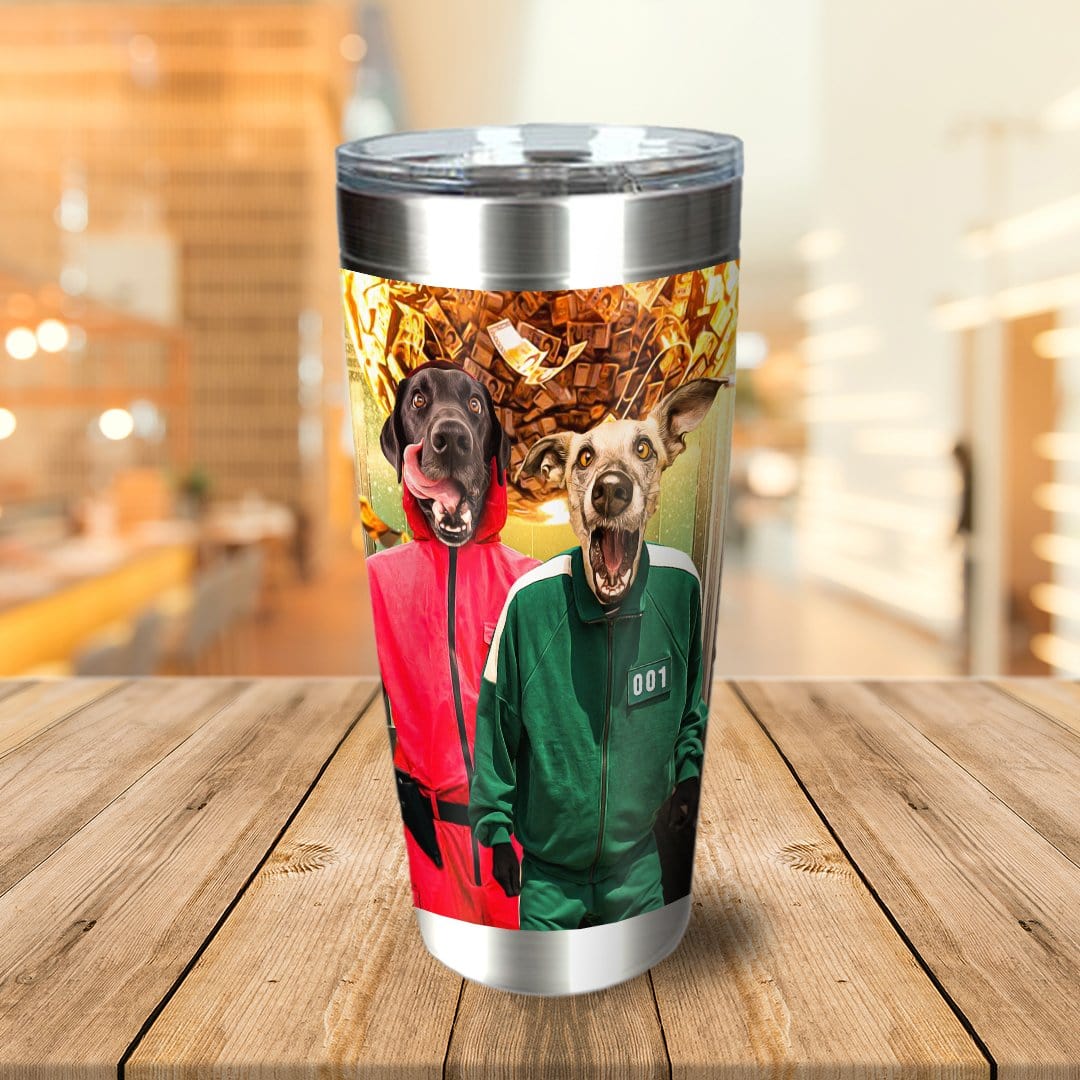 Personalized stainless steel tumbler with two dogs in Squid Game costumes.