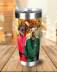 Personalized stainless steel tumbler with two dogs in Squid Game costumes.