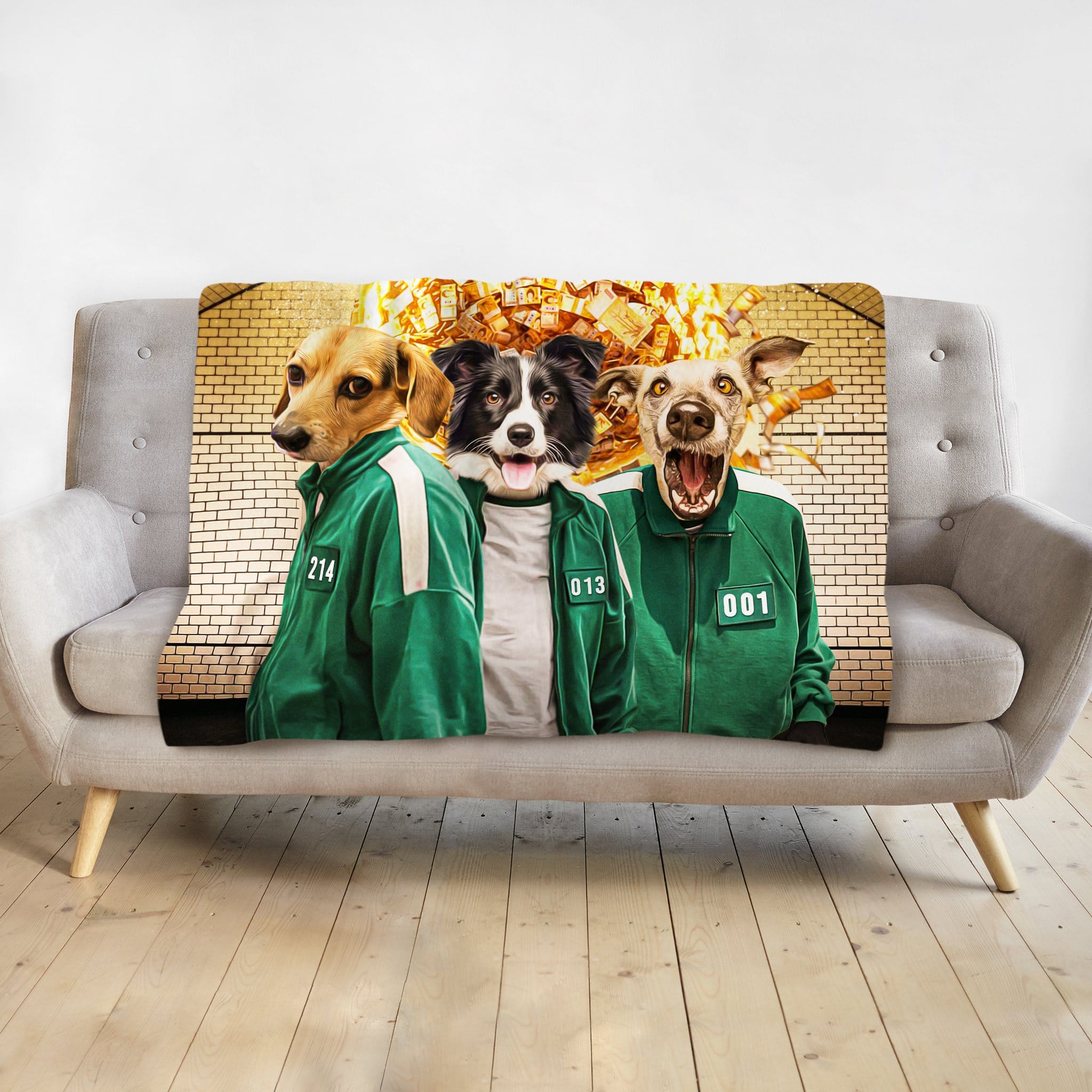 Personalized 3-pet blanket featuring dogs in green tracksuits against a brick wall.