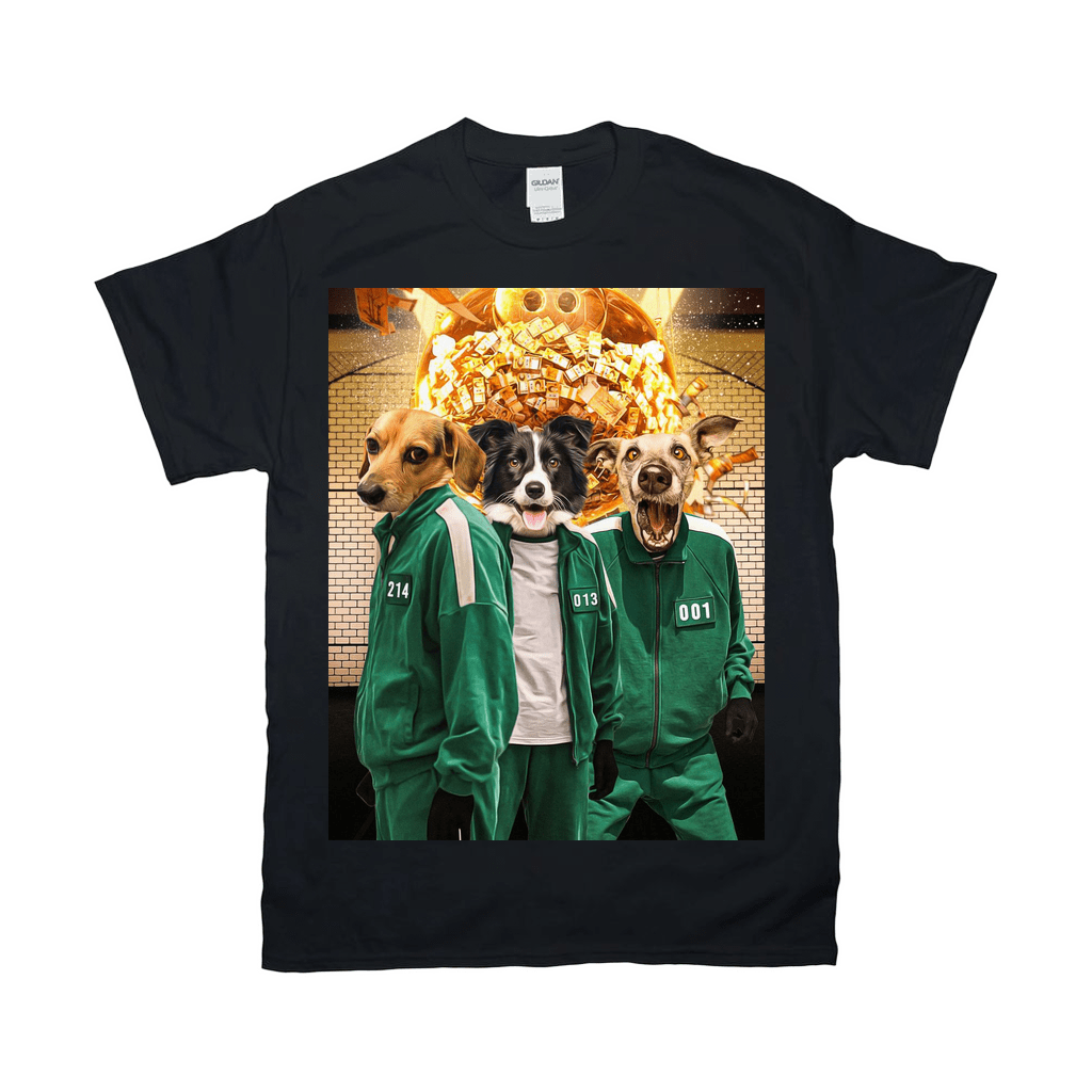 Black Gildan t-shirt with three dogs in green Squid Game tracksuits, standing before a burning pile of cash.