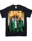 Black Gildan t-shirt with three dogs in green Squid Game tracksuits, standing before a burning pile of cash.