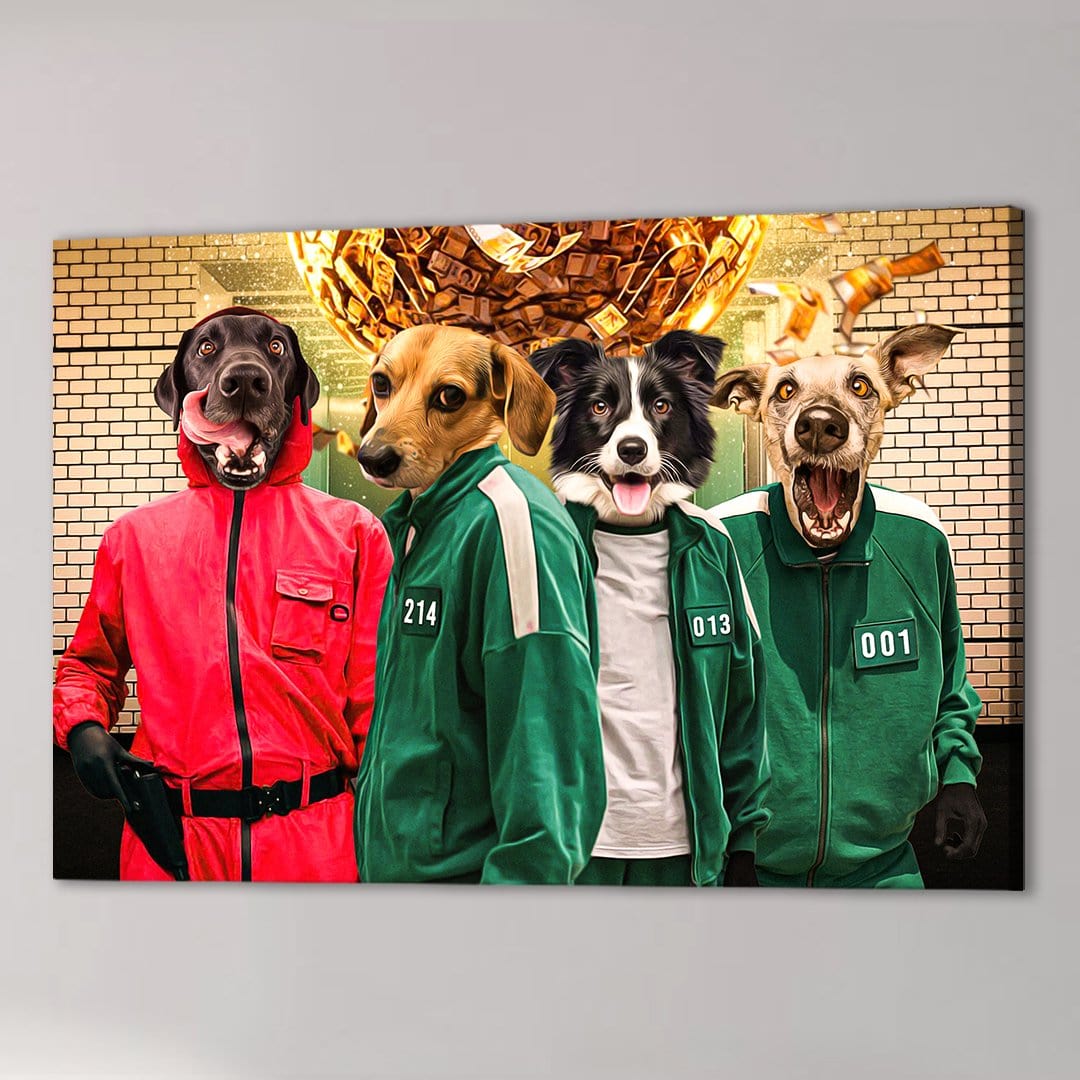 Four personalized pets as Squid Game characters on a custom canvas, featuring dogs in red and green tracksuits.