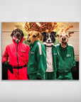 Personalized 'Squid Paws' poster featuring four pets in red and green tracksuits, with a money ball background.