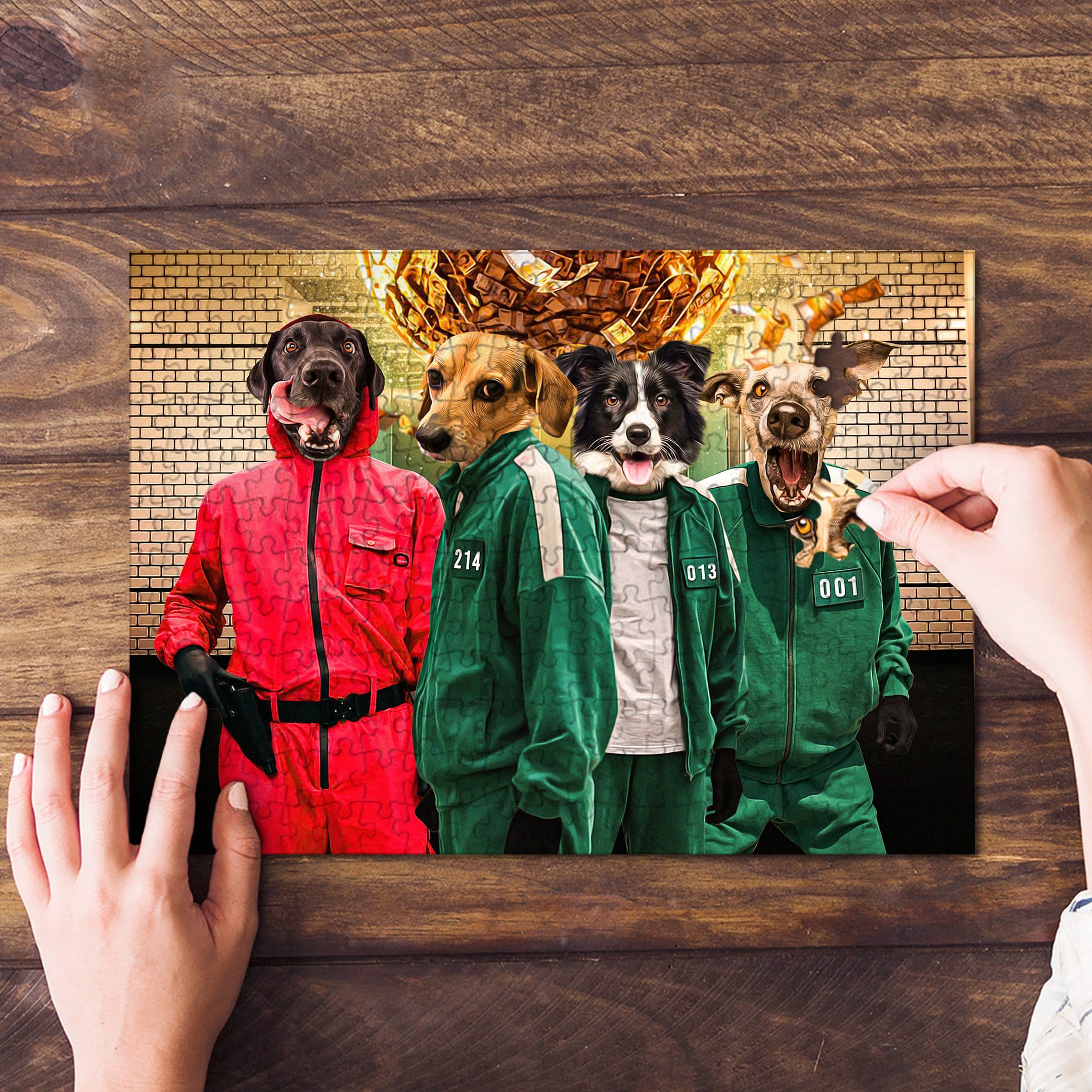Personalized 4-pet puzzle featuring dogs in Squid Game costumes, being assembled on a wooden table.