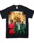 Black Gildan t-shirt featuring four pets in Squid Game outfits with a golden pig background.