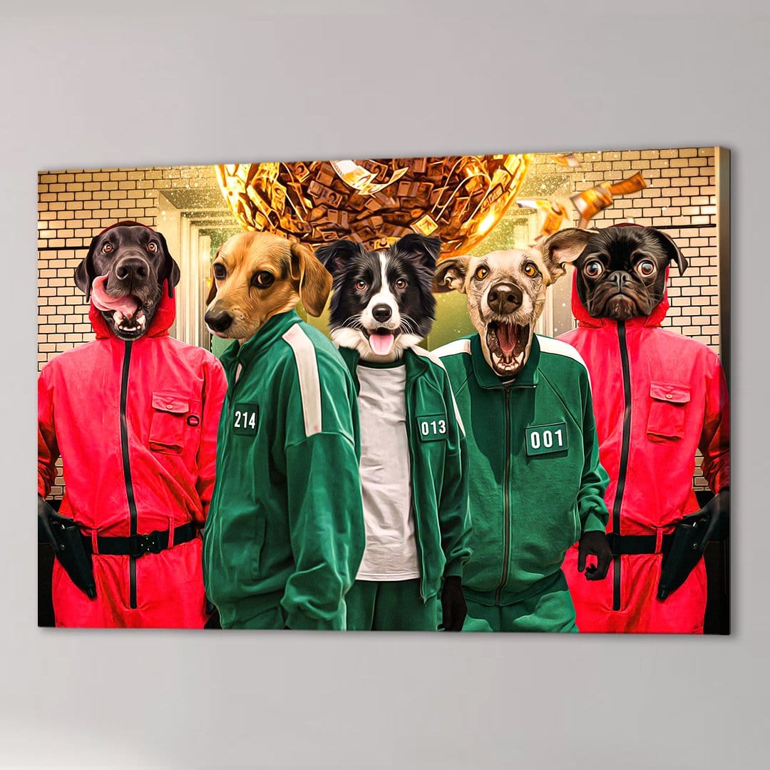 Personalized 'Squid Paws' canvas featuring five pets in red and green tracksuits.