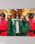 Personalized 'Squid Paws' canvas featuring five pets in red and green tracksuits.