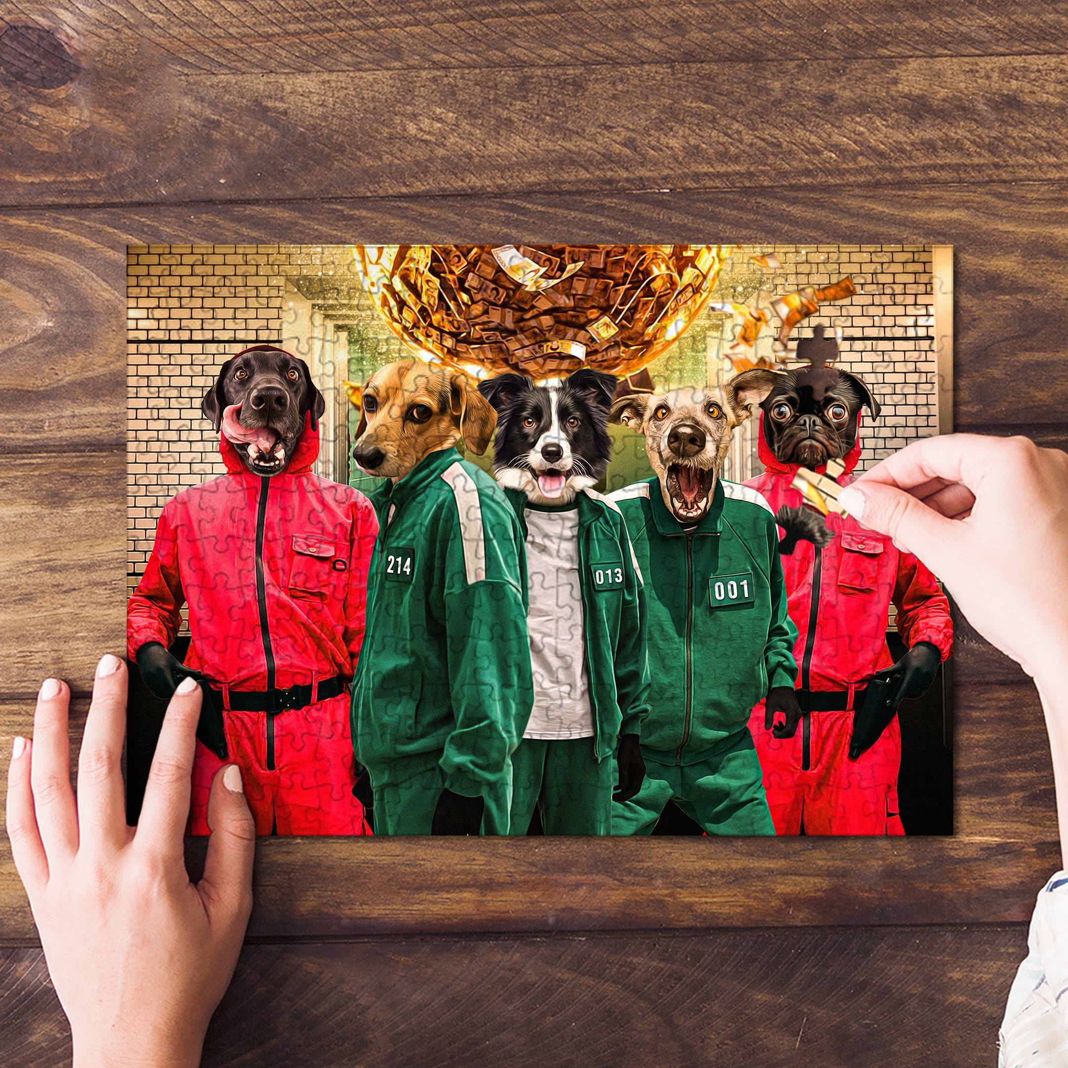 Personalized 5-pet puzzle featuring dogs in red and green Squid Game costumes.