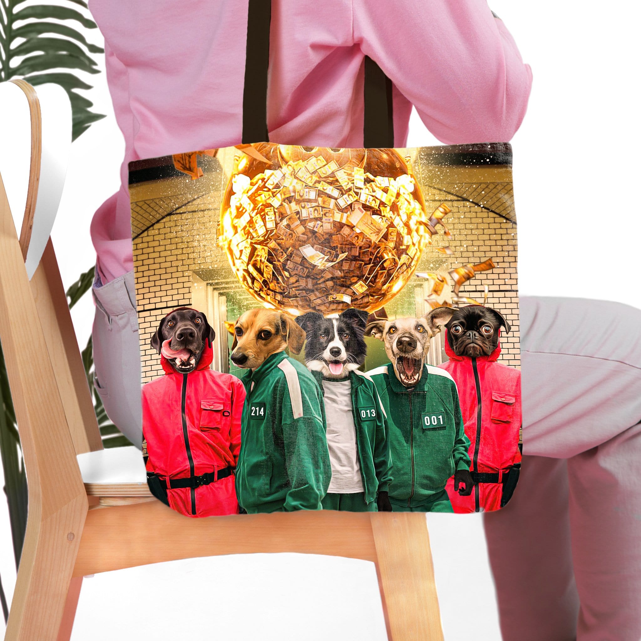 Personalized 'Squid Paws' pet portrait tote bag featuring five dogs in red and green tracksuits.