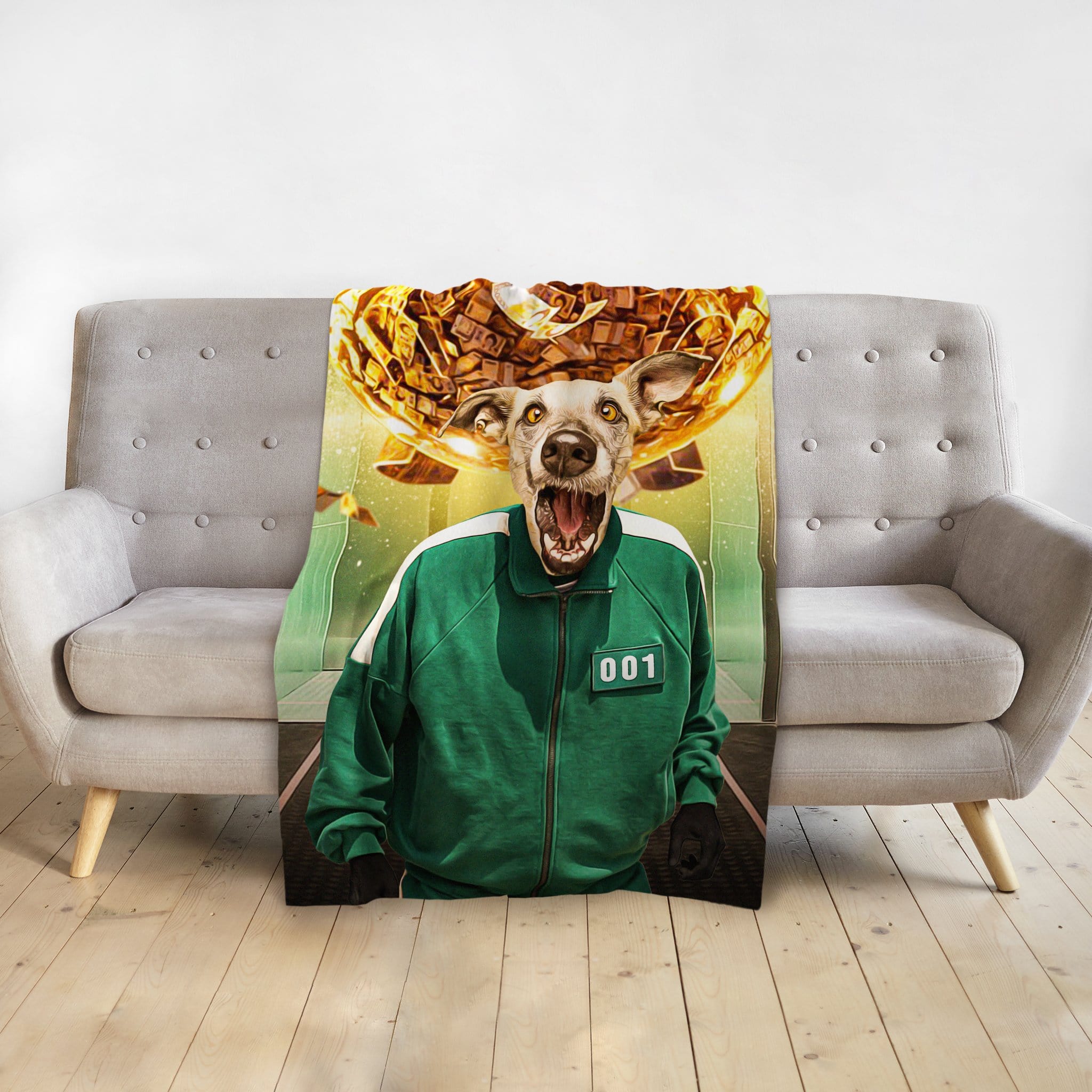 Personalized pet blanket with a dog in a green tracksuit and a golden bowl on its head.