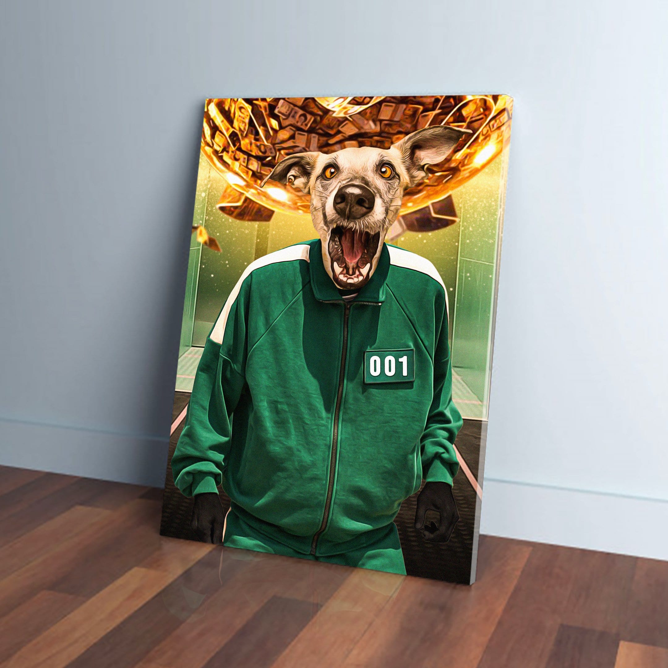 Custom pet canvas featuring a dog's head on a person in a green tracksuit with "001" and a golden prize.