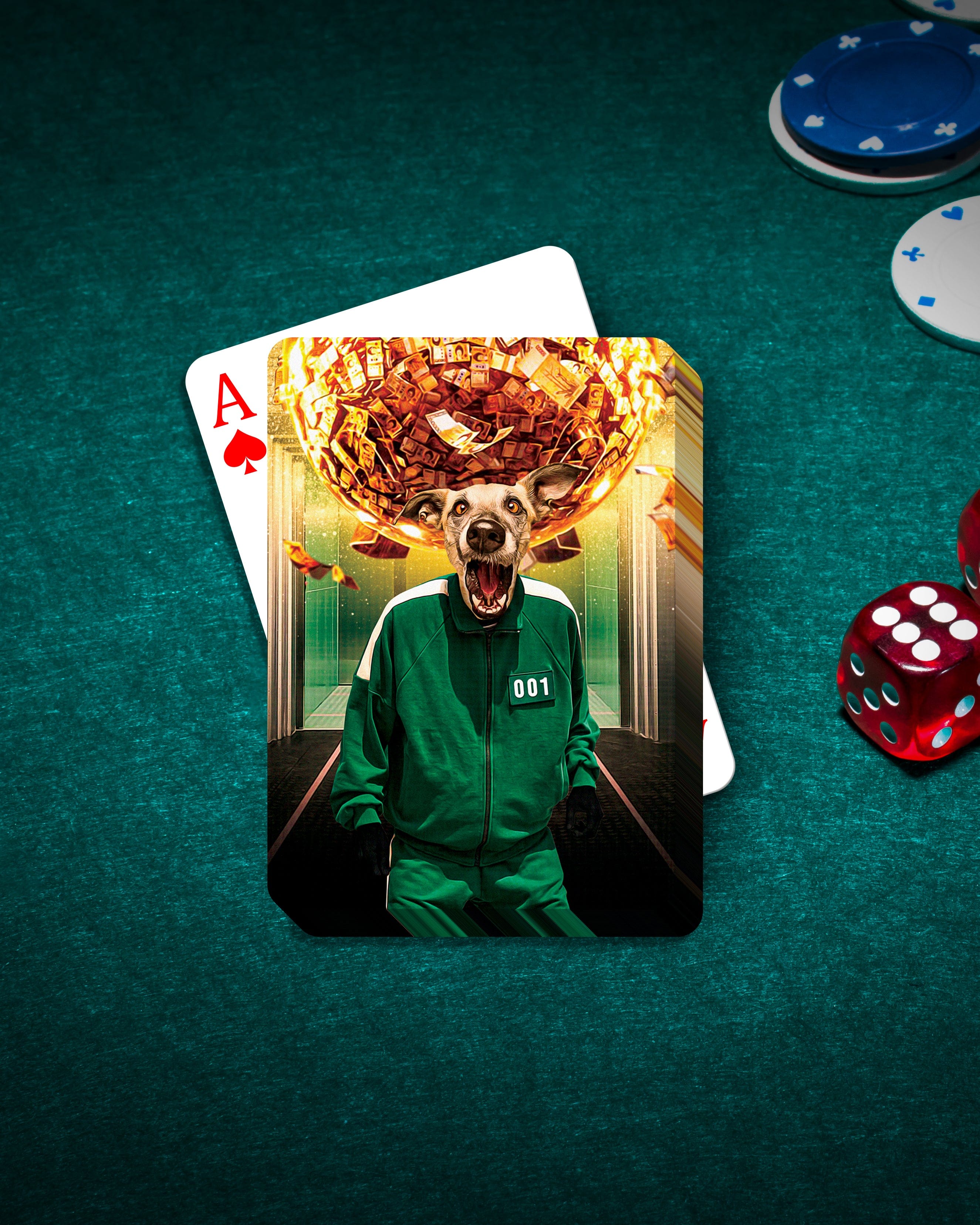 Personalized pet playing card featuring a dog in a green tracksuit, with poker chips and dice on a green table.