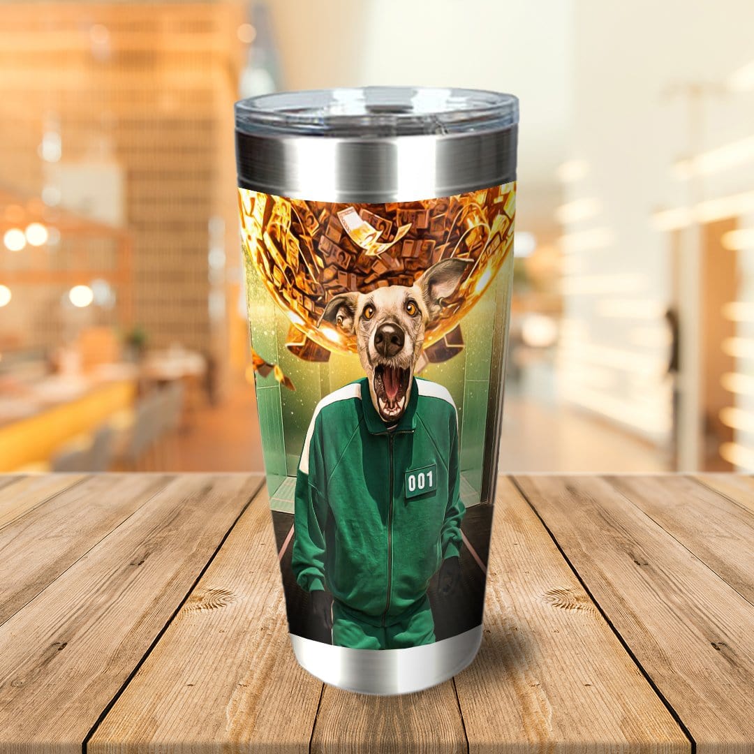 Personalized stainless steel tumbler with a custom dog portrait in a green tracksuit, inspired by Squid Game.