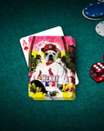 Personalized playing card featuring a bulldog in a St. Louis Cardinals baseball uniform on a green felt table.