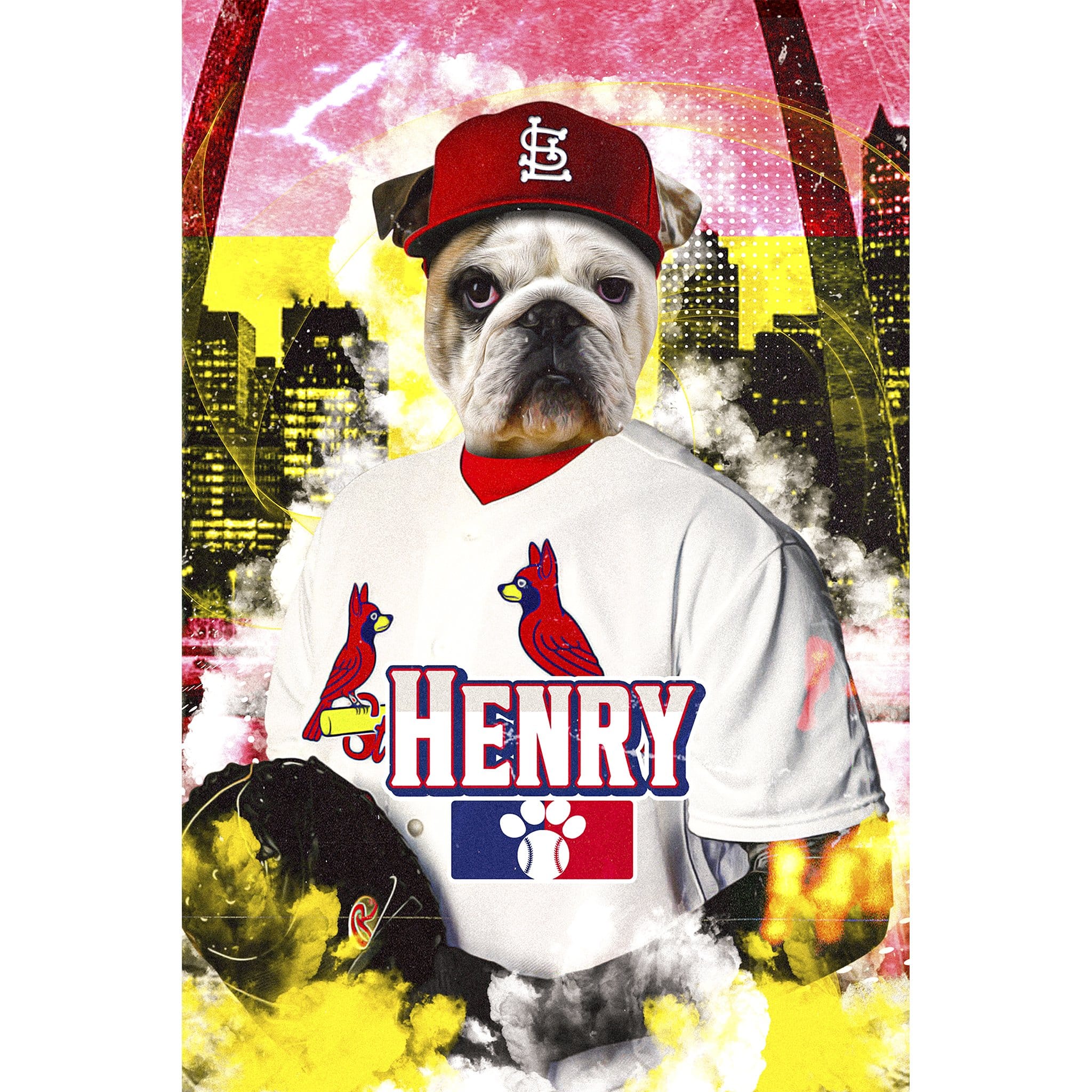 Personalized digital portrait of a bulldog in a St. Louis Cardinals baseball uniform.