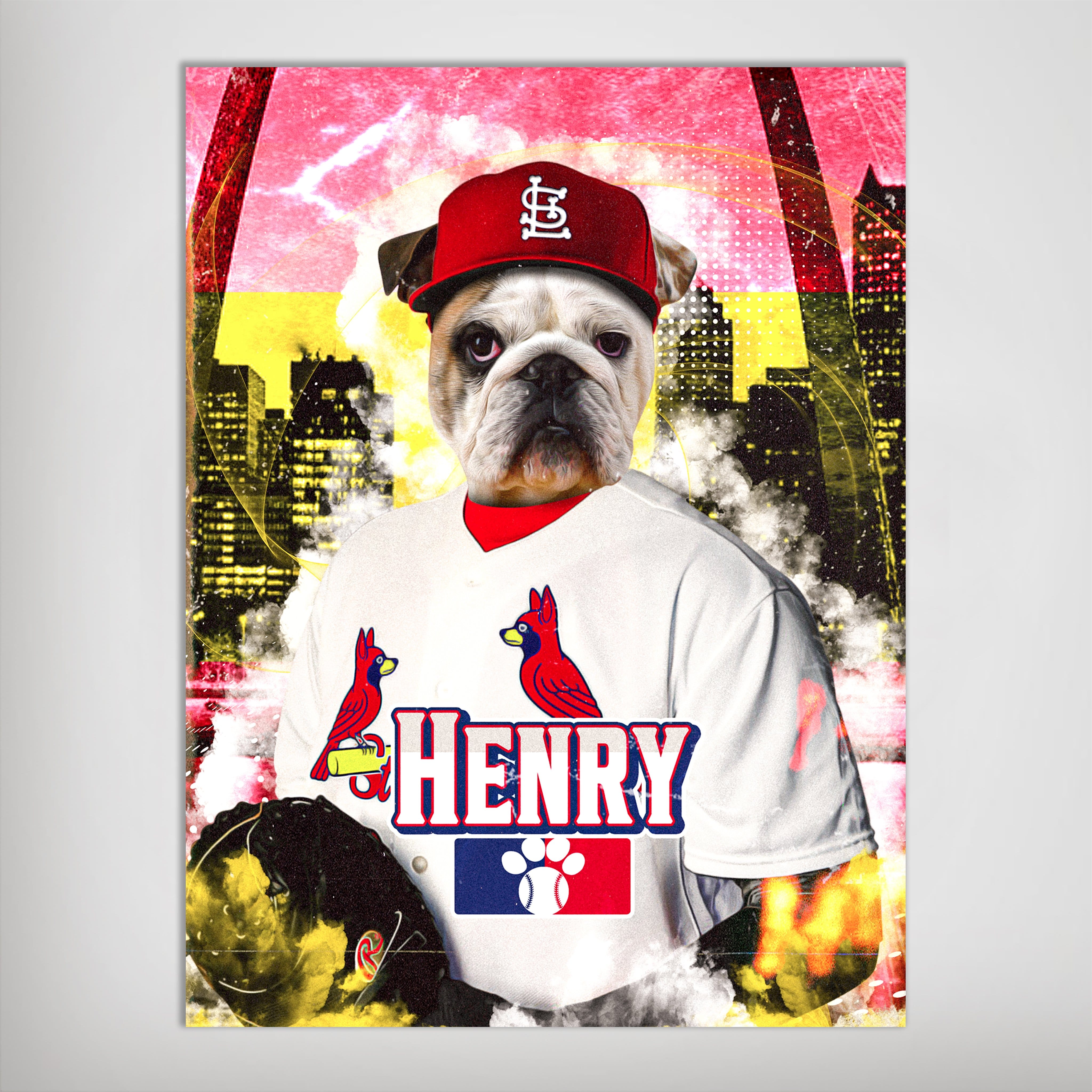 Personalized "St. Louis Cardipaws" pet poster featuring a bulldog in a baseball uniform and cap.