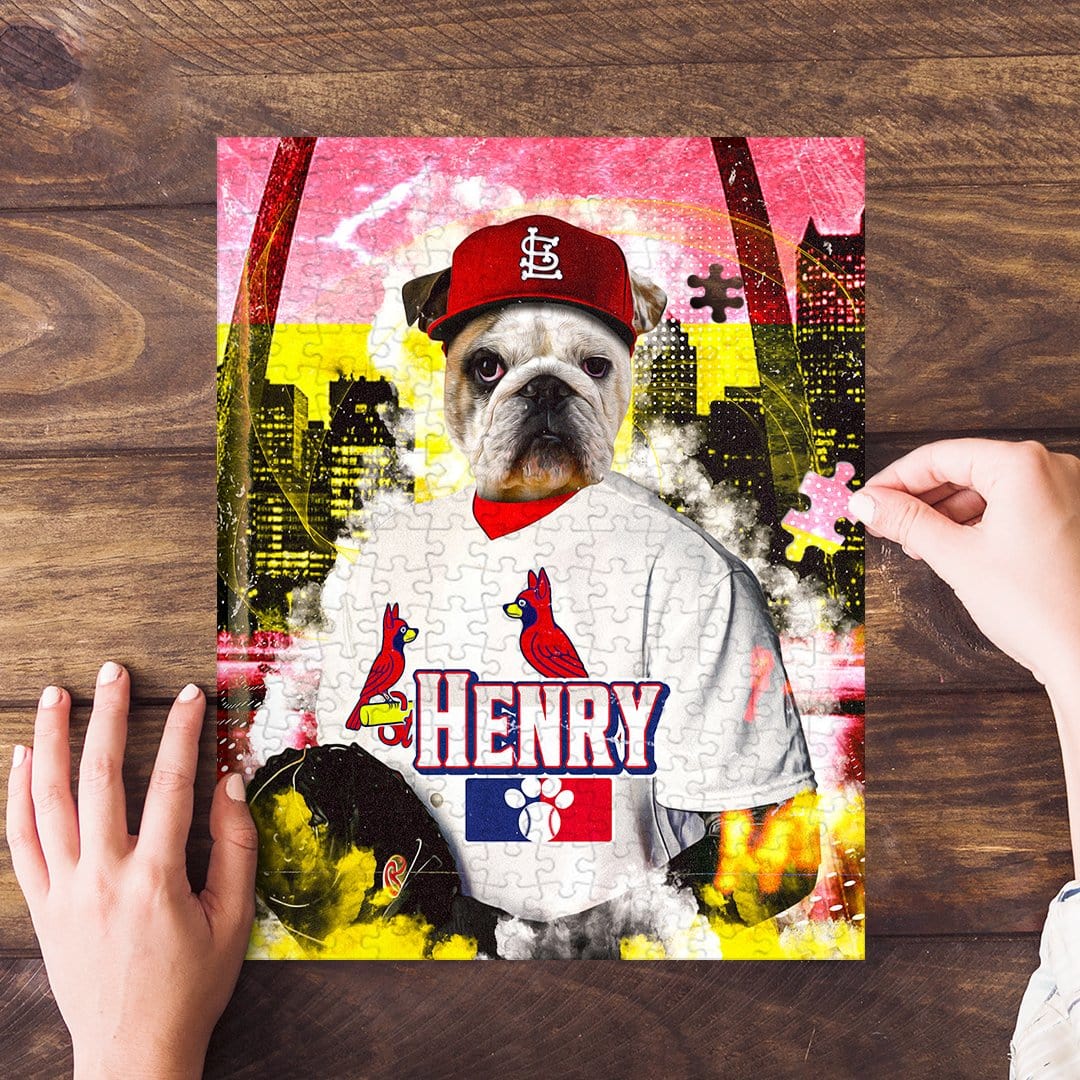 Personalized St. Louis Cardipaws puzzle featuring a bulldog in a baseball uniform, with hands assembling pieces.