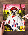 Personalized St. Louis Cardipaws puzzle featuring a bulldog in a baseball uniform, with hands assembling pieces.