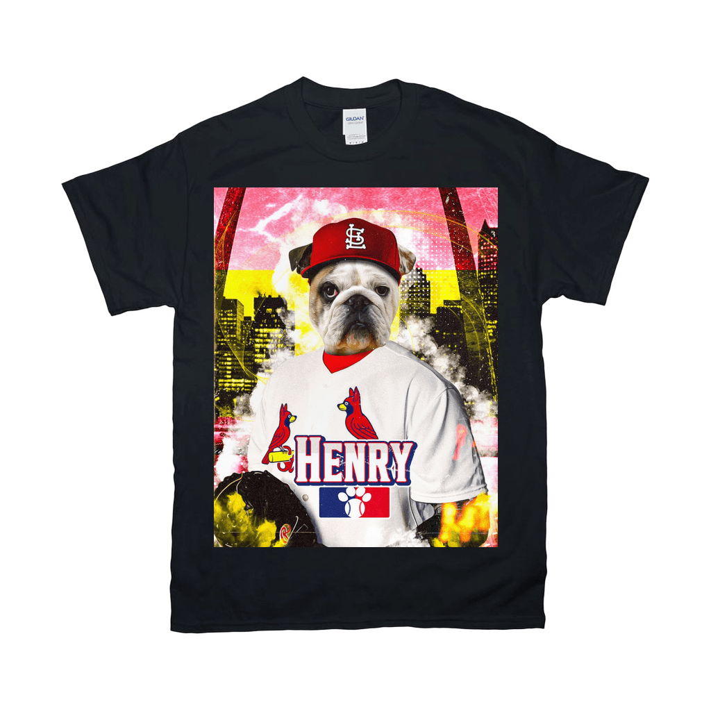 Black Gildan t-shirt with a bulldog in a St. Louis Cardipaws baseball uniform and "HENRY" name.