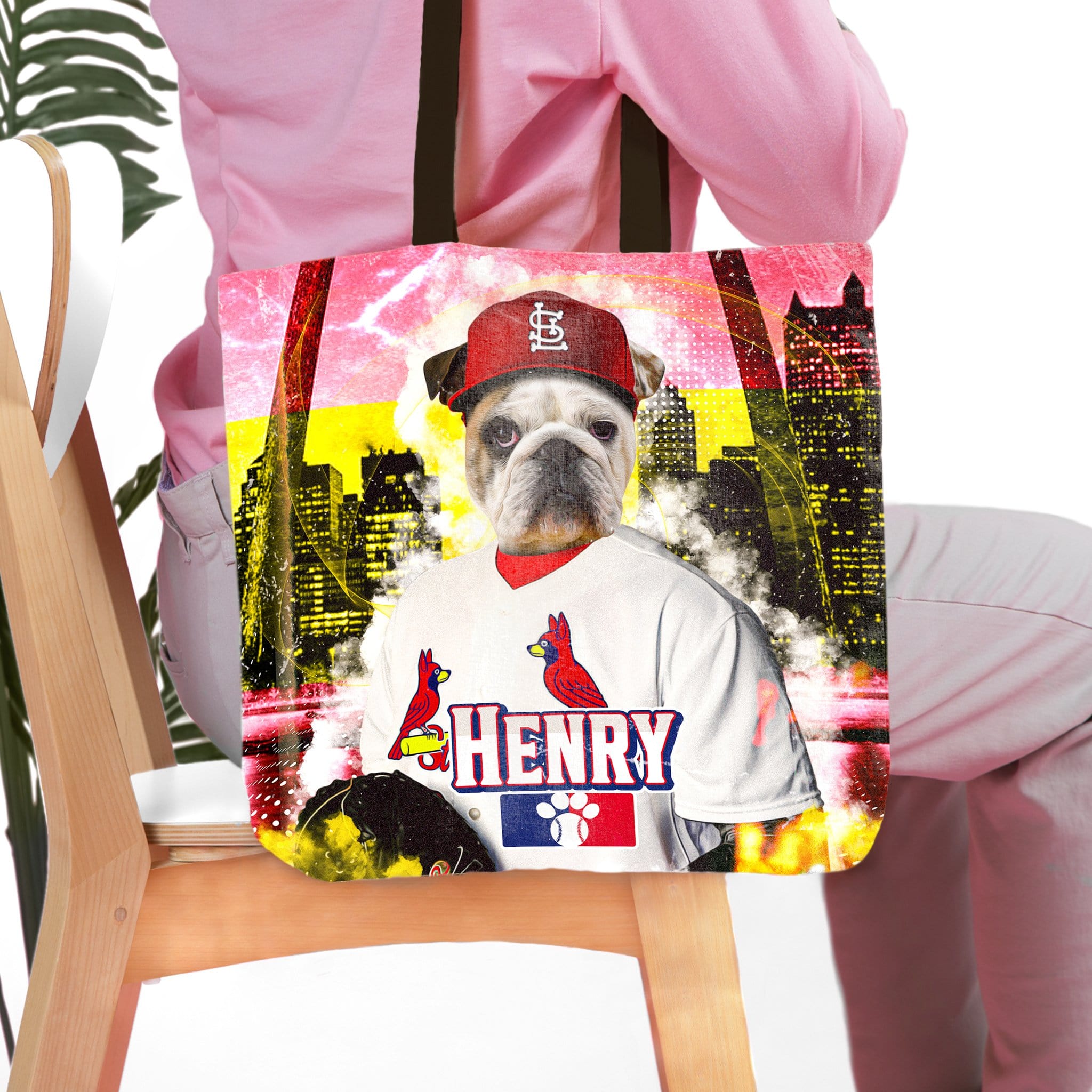 Personalized St. Louis Cardipaws tote bag with a bulldog pet portrait in a baseball uniform.